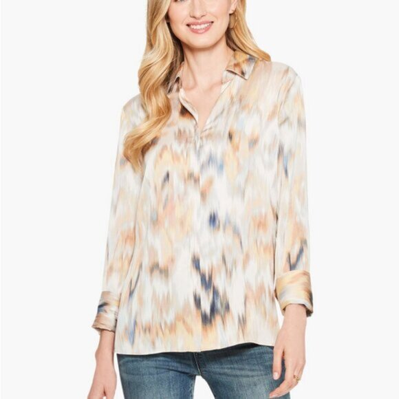 NIC+ZOE Woven Ikat Button Front Blouse XL Beige Tan Office Casual F211644 - Picture 1 of 8